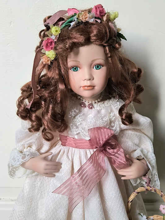 Vintage Large Porcelain Doll 60 cm with Floral Headpiece, Luxury Gift or Elegant Home Decorr