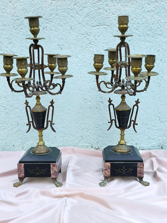 Antique French Pair of Candelabra, Art Nouveau to Art Deco Transition, Early 20th Century, Marble Base and Patinated Bronze