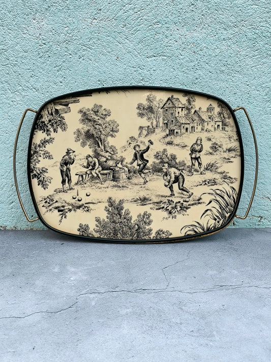 Plateau de service français vintage à scène pastorale, style toile de Jouy, plateau décoratif ovale noir et ivoire avec poignées