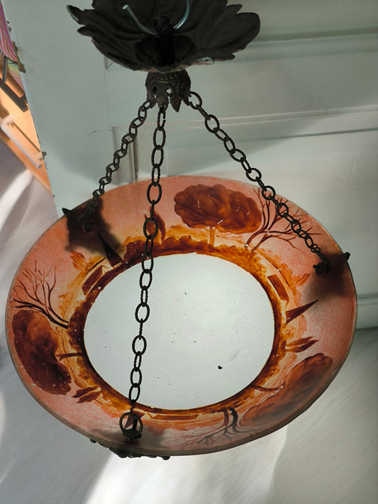 Antique Art Nouveau Hanging Lamp – Scenic Acid-Etched Glass Bowl, Landscape Motif, c.1920s Pendant Light