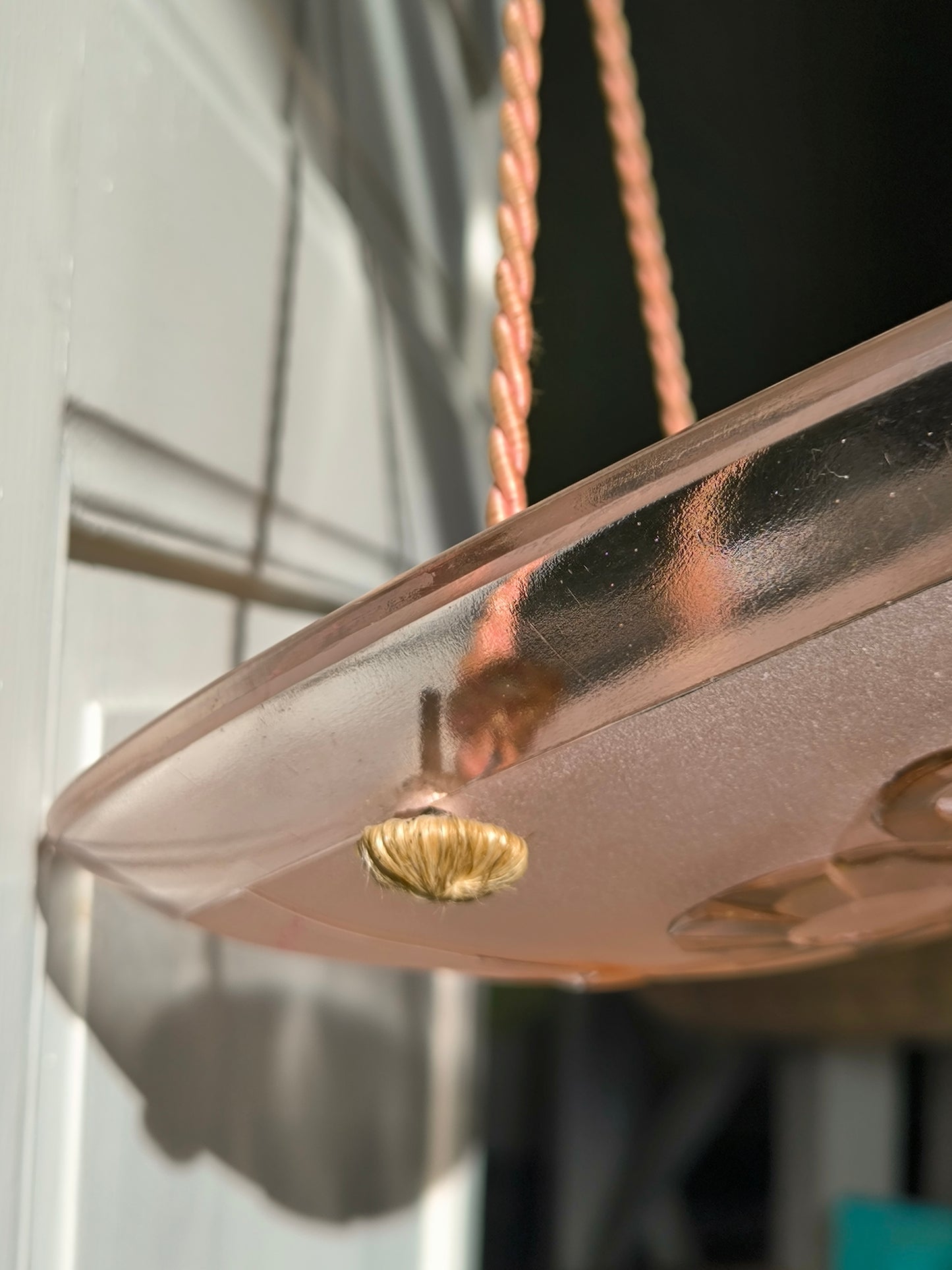 Vintage Pink Glass Pendant Light 1950s, Art Deco Geometric Motif, Round Mid-Century Ceiling Light