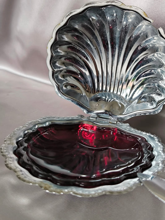Vintage Shell Butter Dish with Ruby Glass Insert, Silver Tone Serving Dish for Caviar