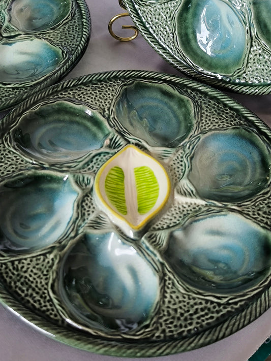 Vintage Oyster Plates Saint-Clément – Set of 3 Barbotine Majolica Oyster Serving Plates