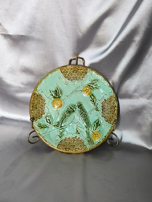 Vintage Salins Majolica Decorative Plate with Parrots, Art Nouveau Relief Ceramic, c.1890