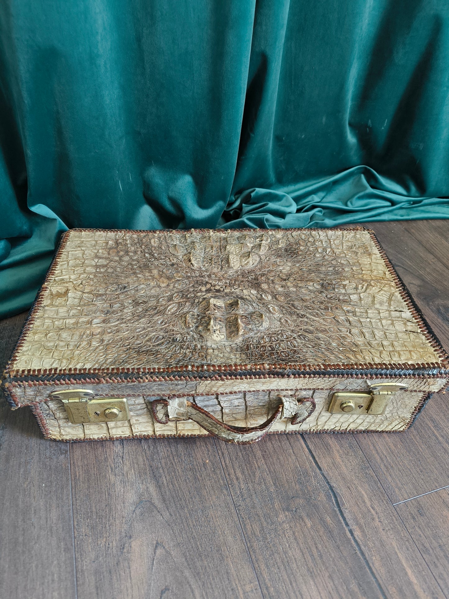 Antique Crocodile Suitcase, 1930s Art Deco Travel Case, Rare Colonial Decor
