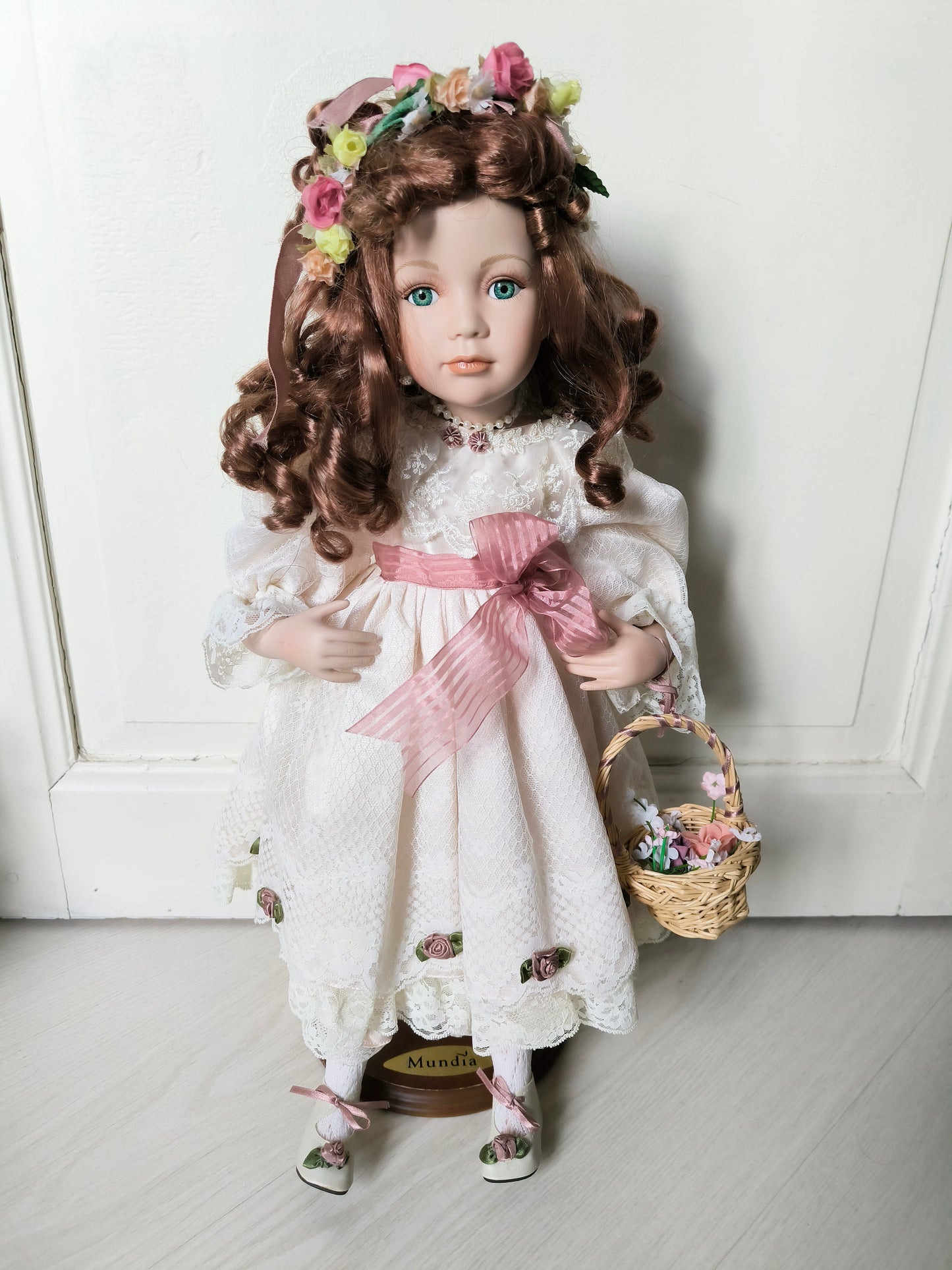 Vintage Large Porcelain Doll 60 cm with Floral Headpiece, Luxury Gift or Elegant Home Decorr