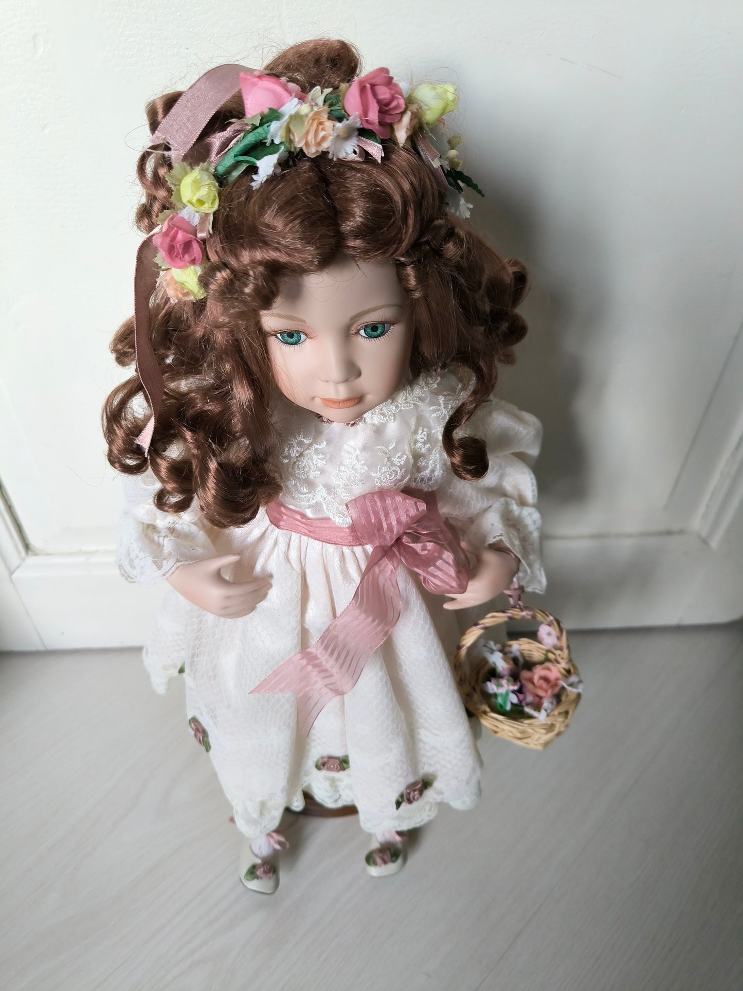 Vintage Large Porcelain Doll 60 cm with Floral Headpiece, Luxury Gift or Elegant Home Decorr