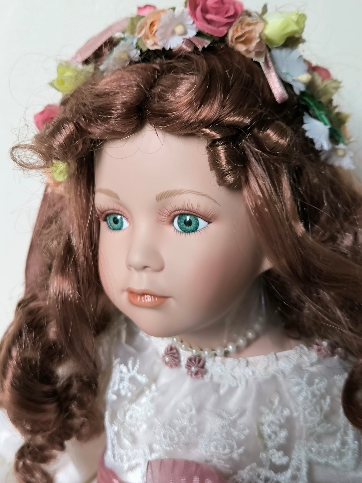 Vintage Large Porcelain Doll 60 cm with Floral Headpiece, Luxury Gift or Elegant Home Decorr