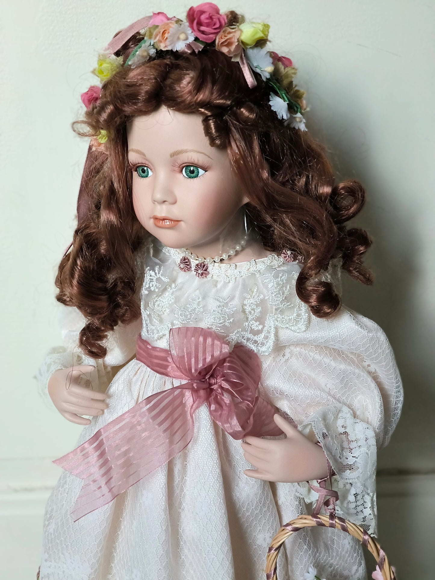 Vintage Large Porcelain Doll 60 cm with Floral Headpiece, Luxury Gift or Elegant Home Decorr