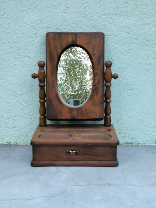 Vintage Schminkspiegel aus Holz mit Schublade, Schminktischaufsatz aus Holz