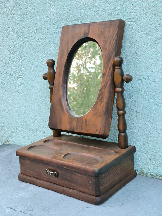 Vintage Schminkspiegel aus Holz mit Schublade, Schminktischaufsatz aus Holz