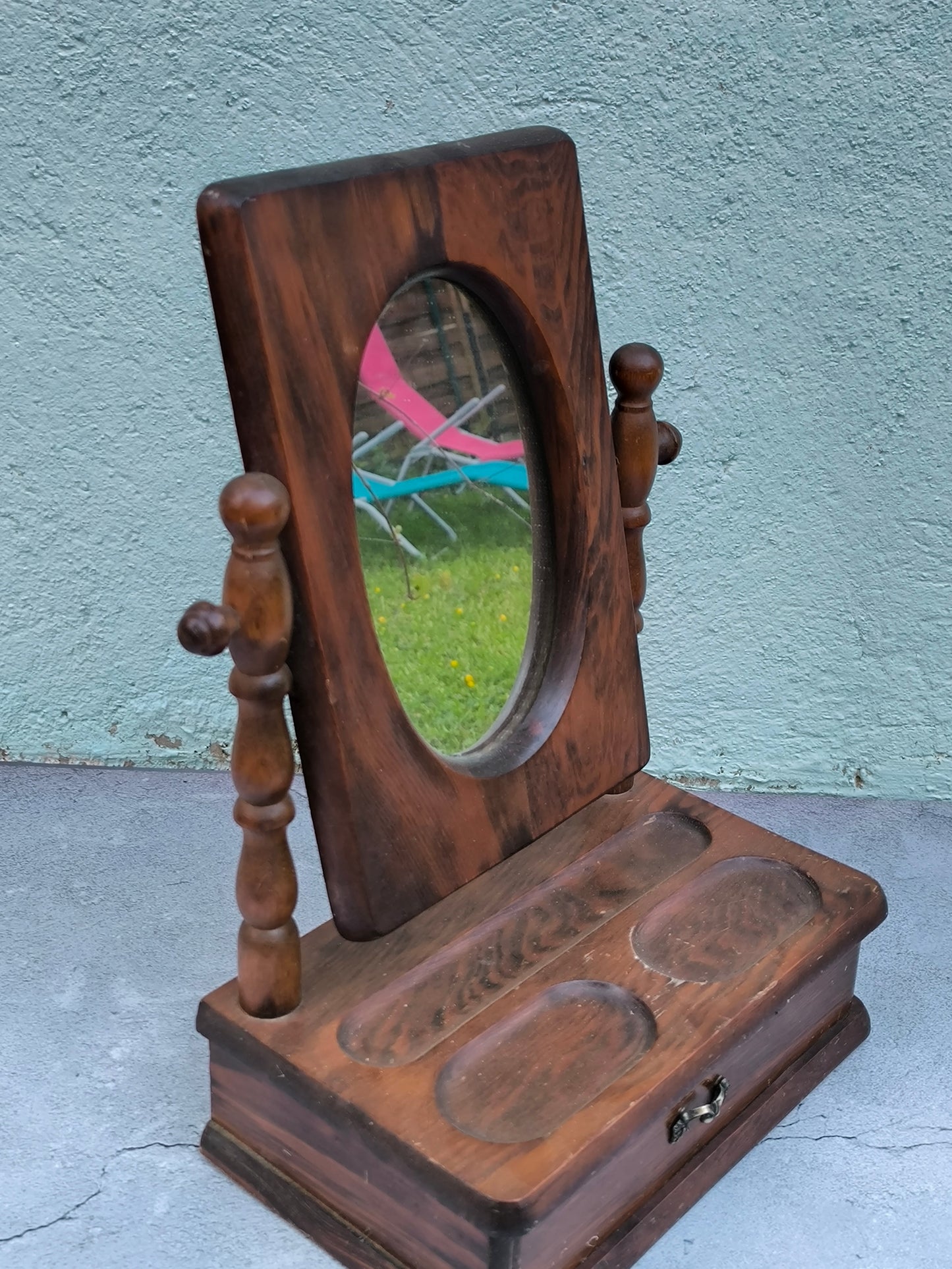 Vintage Wooden Vanity Mirror with Drawer, Wooden Dressing Table Piece