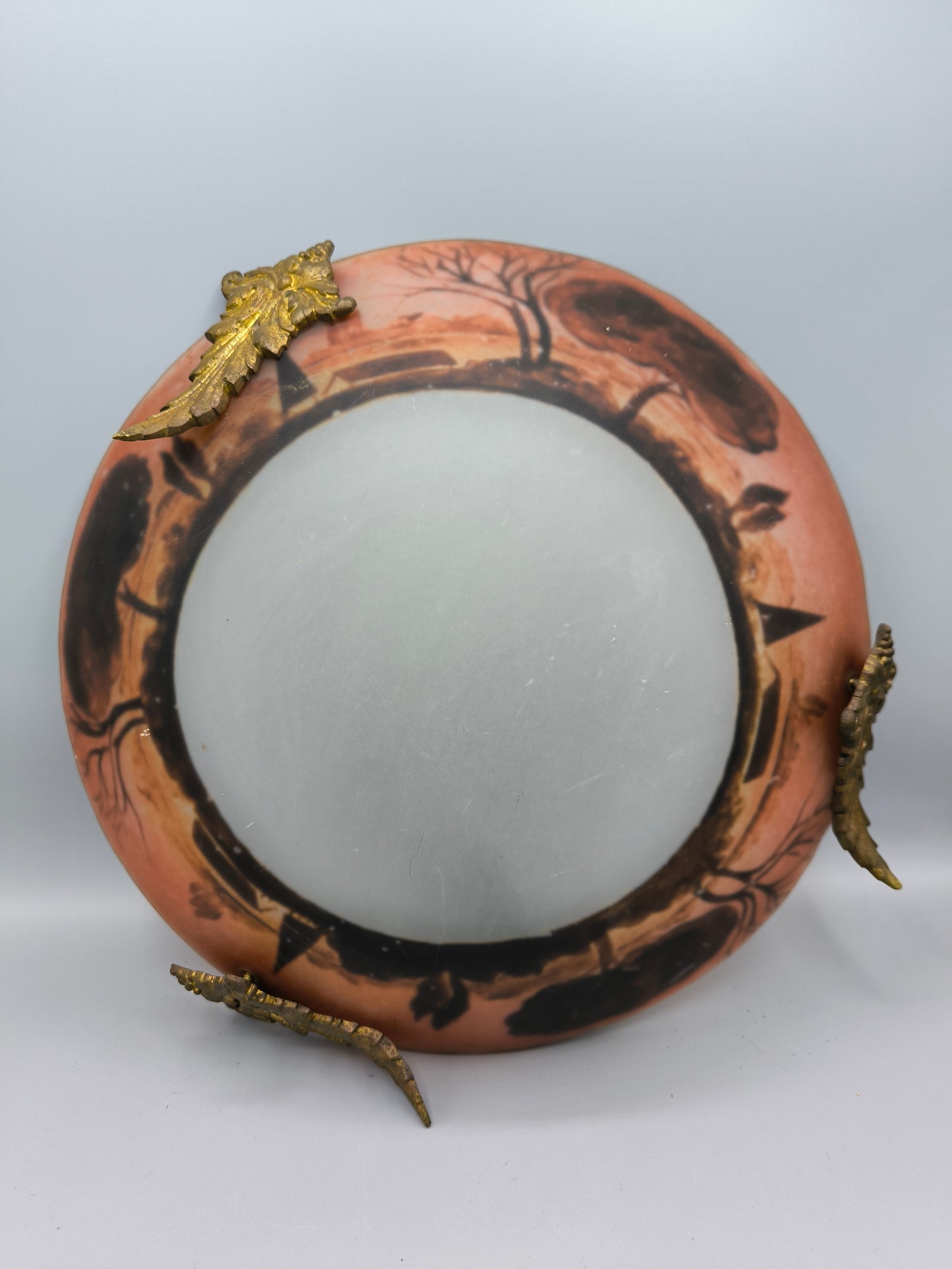 Antike Jugendstil Hängelampe – Szenische, säuregeätzte Glasschale, Landschaftsmotiv, Hängeleuchte ca. 1920er Jahre