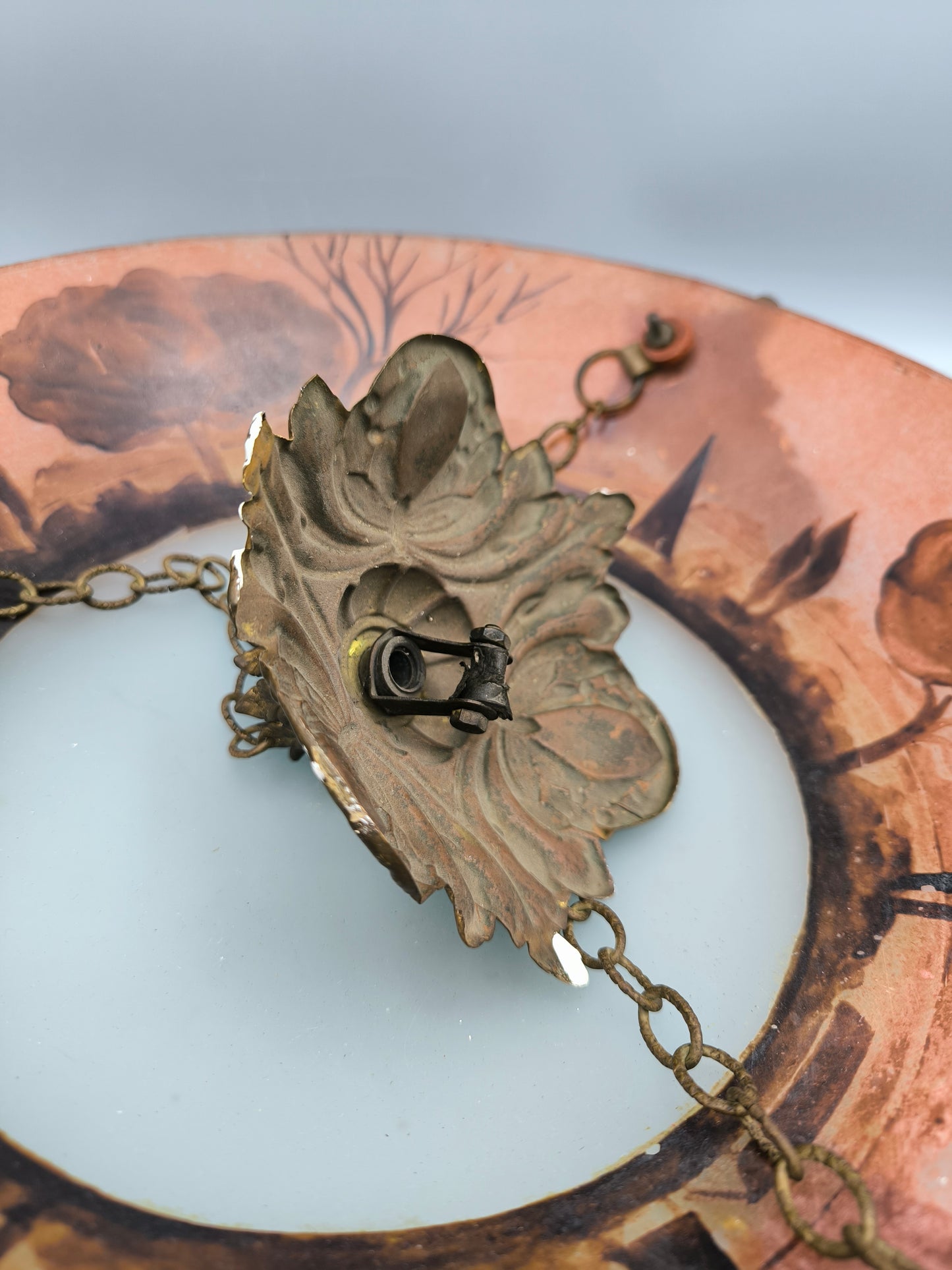 Antike Jugendstil Hängelampe – Szenische, säuregeätzte Glasschale, Landschaftsmotiv, Hängeleuchte ca. 1920er Jahre