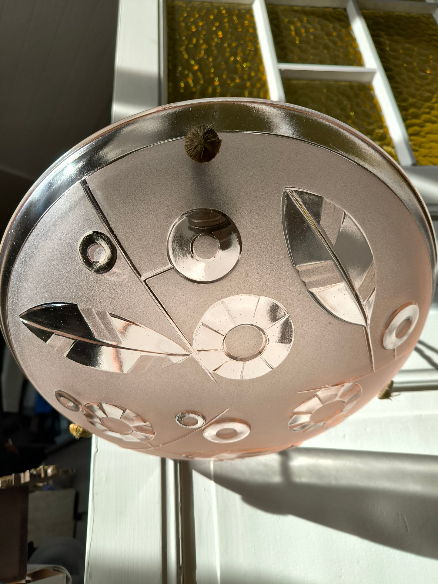 Vintage Pink Glass Pendant Light 1950s, Art Deco Geometric Motif, Round Mid-Century Ceiling Light