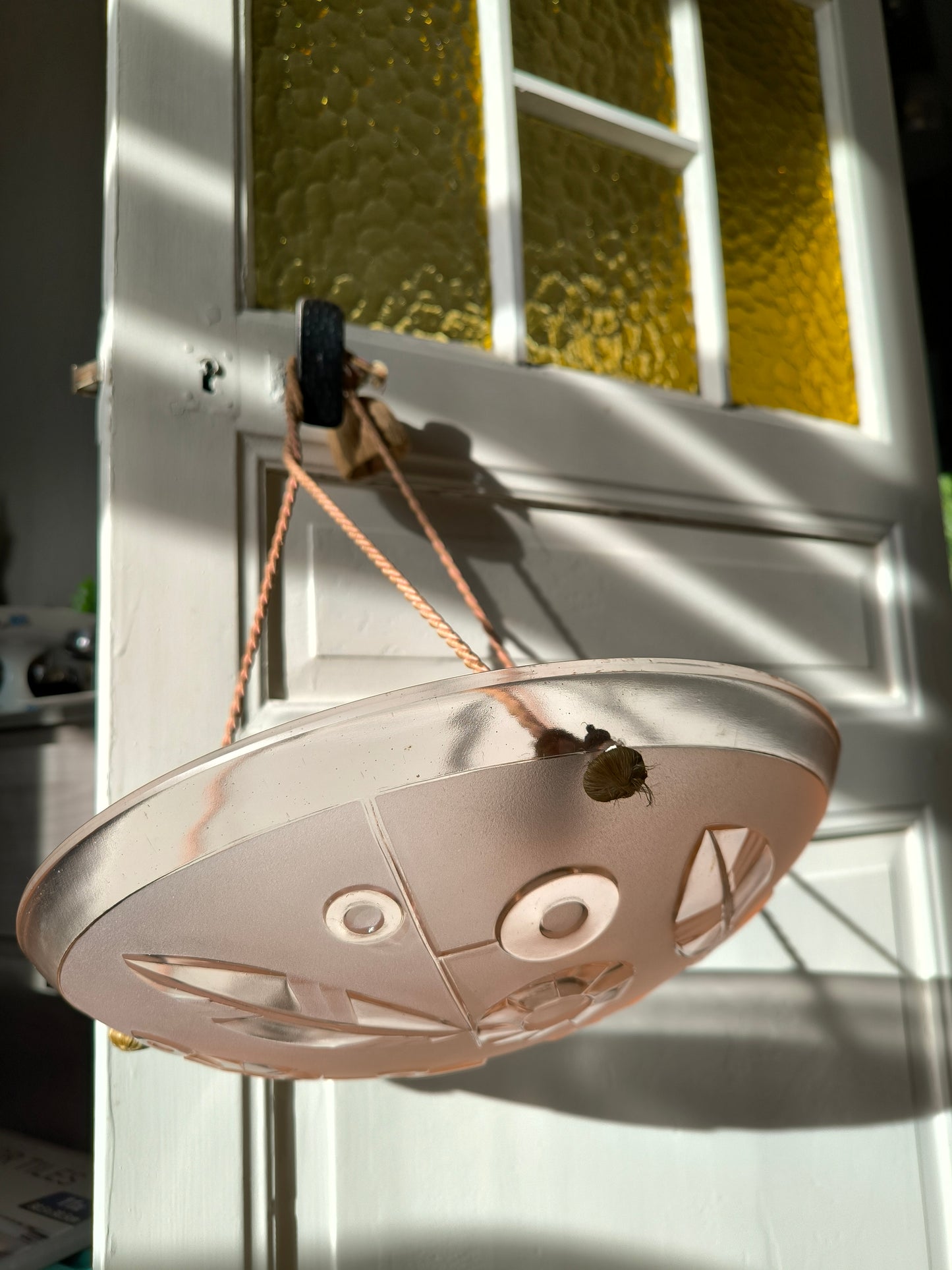 Vintage Pink Glass Pendant Light 1950s, Art Deco Geometric Motif, Round Mid-Century Ceiling Light