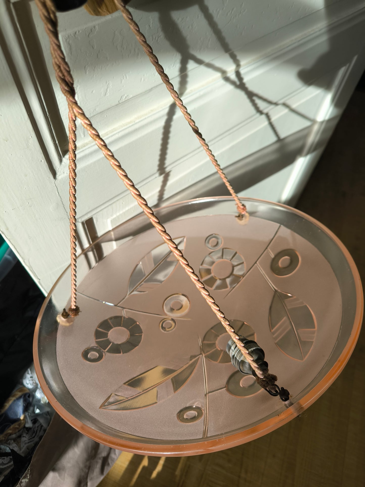 Vintage Pink Glass Pendant Light 1950s, Art Deco Geometric Motif, Round Mid-Century Ceiling Light