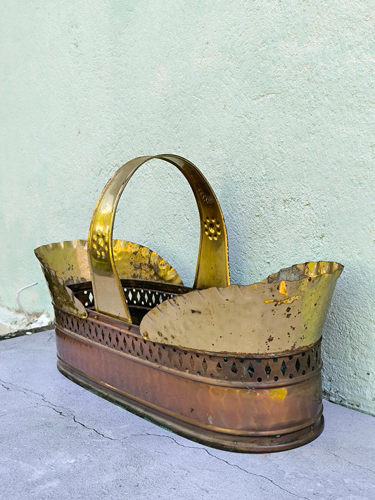 Großer Korb aus Kupfer & Messing, Vintage Kaminholzhalter, Aufbewahrung für Zuhause oder Geschäft, Deko