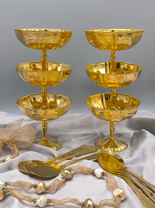 Vintage Gold Tone Ice Cream/Dessert Bowls Set, 6 Bowls & 6 Spoons, Stainless Steel, Extremely Rare 1980s Tableware
