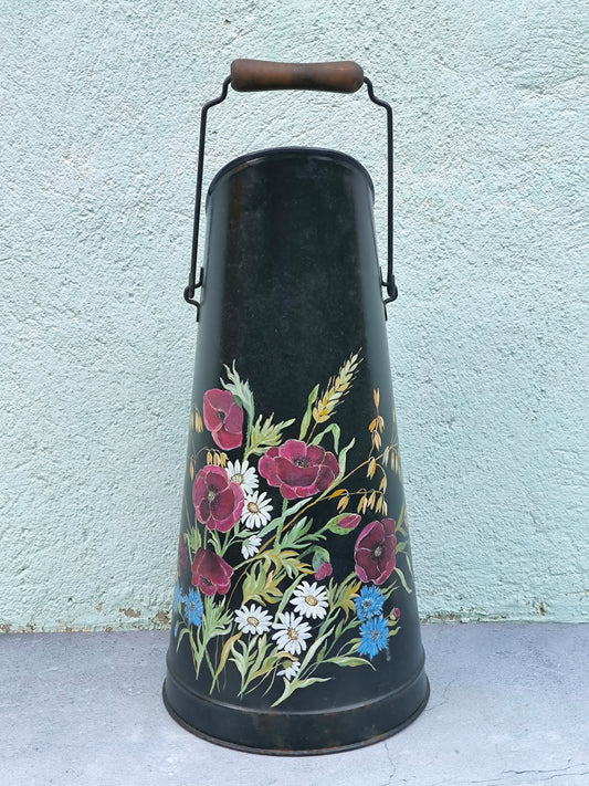 Vintage French Milk Can with Hand-Painted Wildflower Motif, Large Tall Black Milk Can with Handle, Umbrella Stand, Decorative Interior Object
