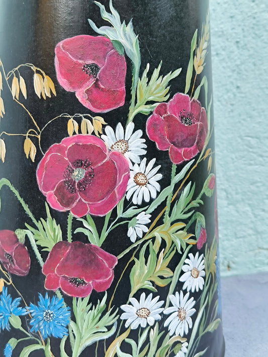 Vintage French Milk Can with Hand-Painted Wildflower Motif, Large Tall Black Milk Can with Handle, Umbrella Stand, Decorative Interior Object