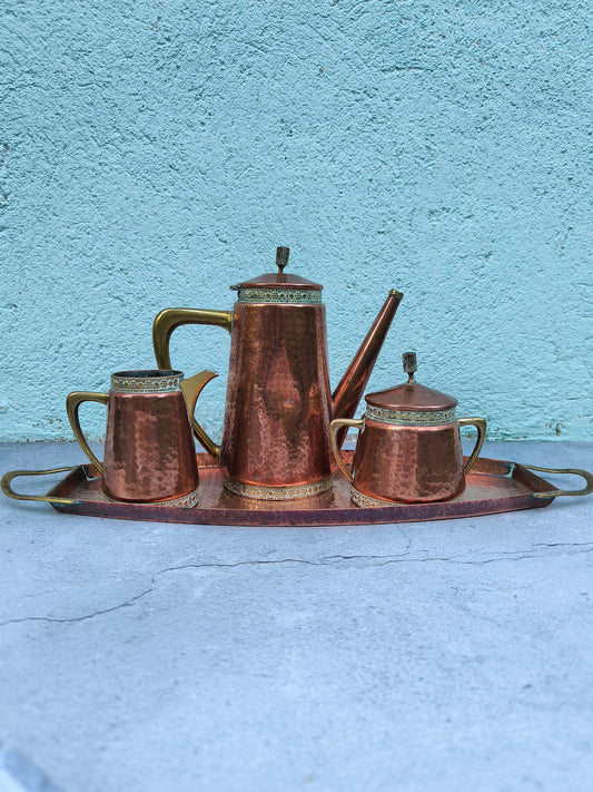 Vintage Copper & Brass Coffee / Tea Set with Tray, Mid Century Copperware, Decorative Copper Serving Set