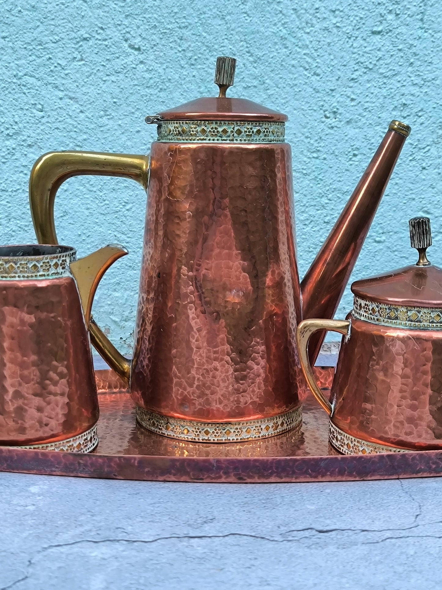 Vintage Copper & Brass Coffee / Tea Set with Tray, Mid Century Copperware, Decorative Copper Serving Set