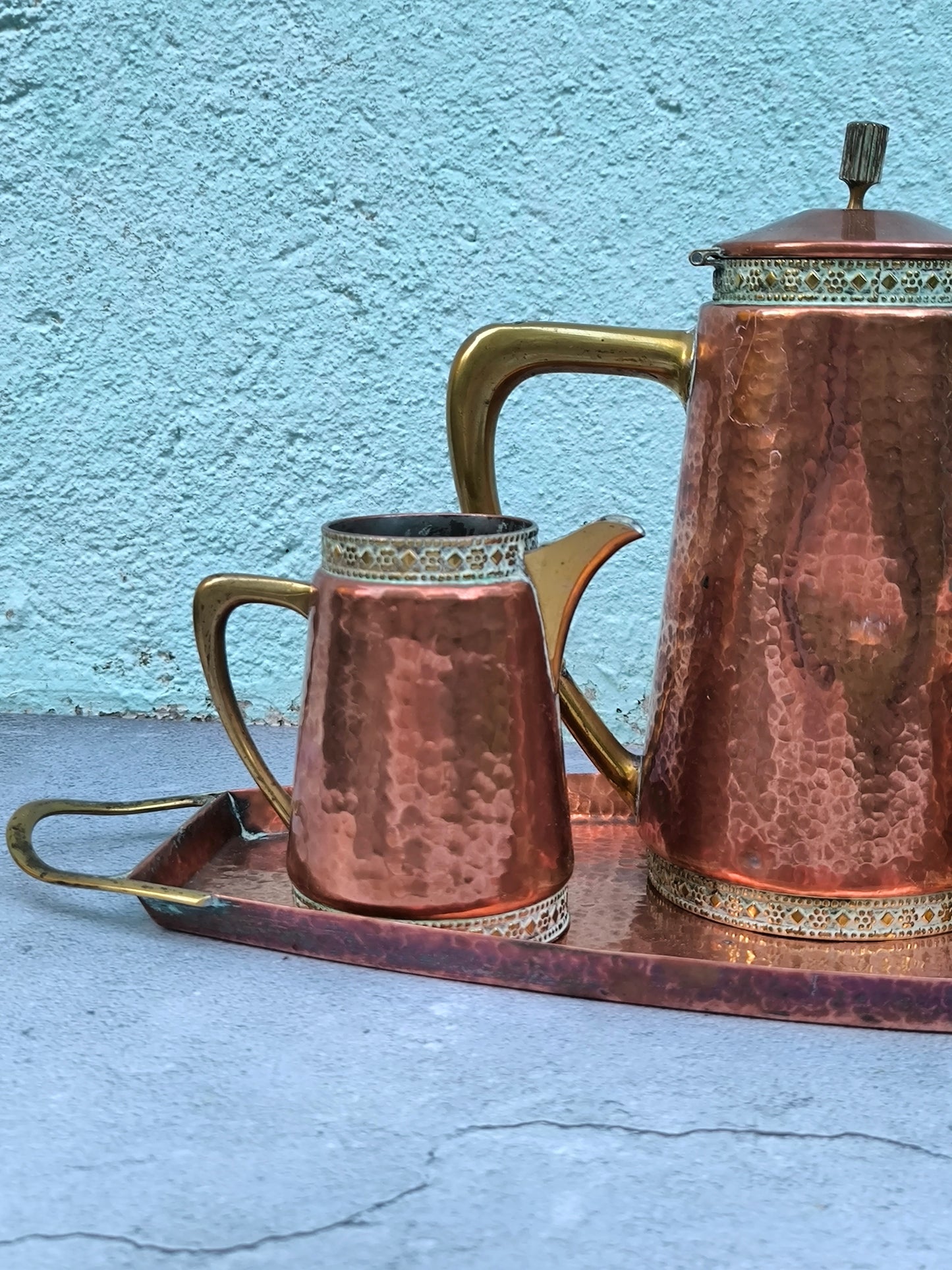 Vintage Copper & Brass Coffee / Tea Set with Tray, Mid Century Copperware, Decorative Copper Serving Set