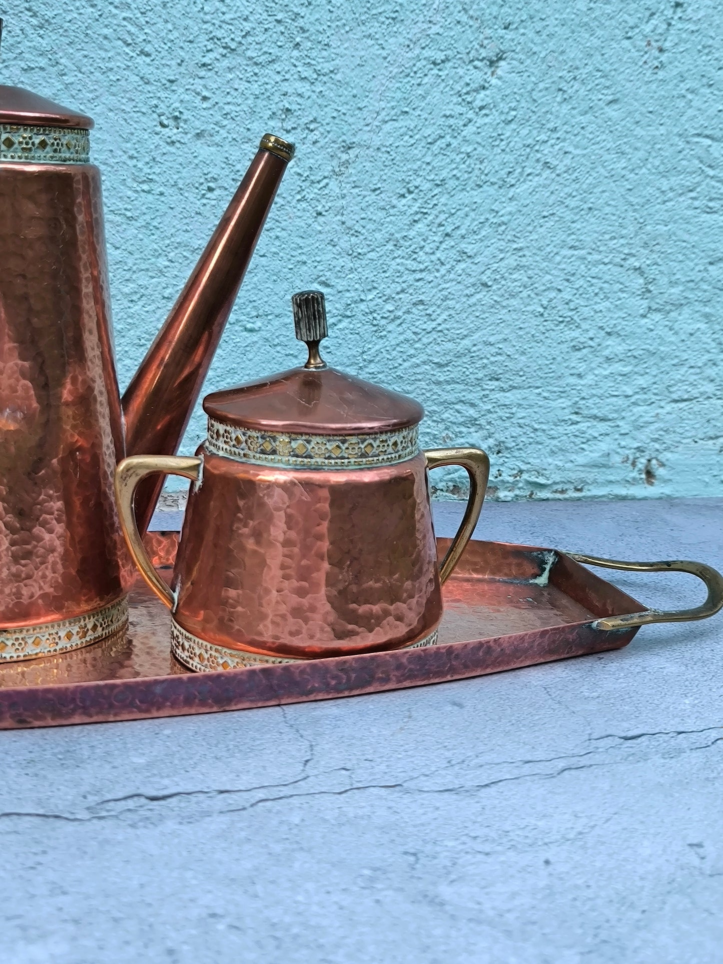 Vintage Copper & Brass Coffee / Tea Set with Tray, Mid Century Copperware, Decorative Copper Serving Set