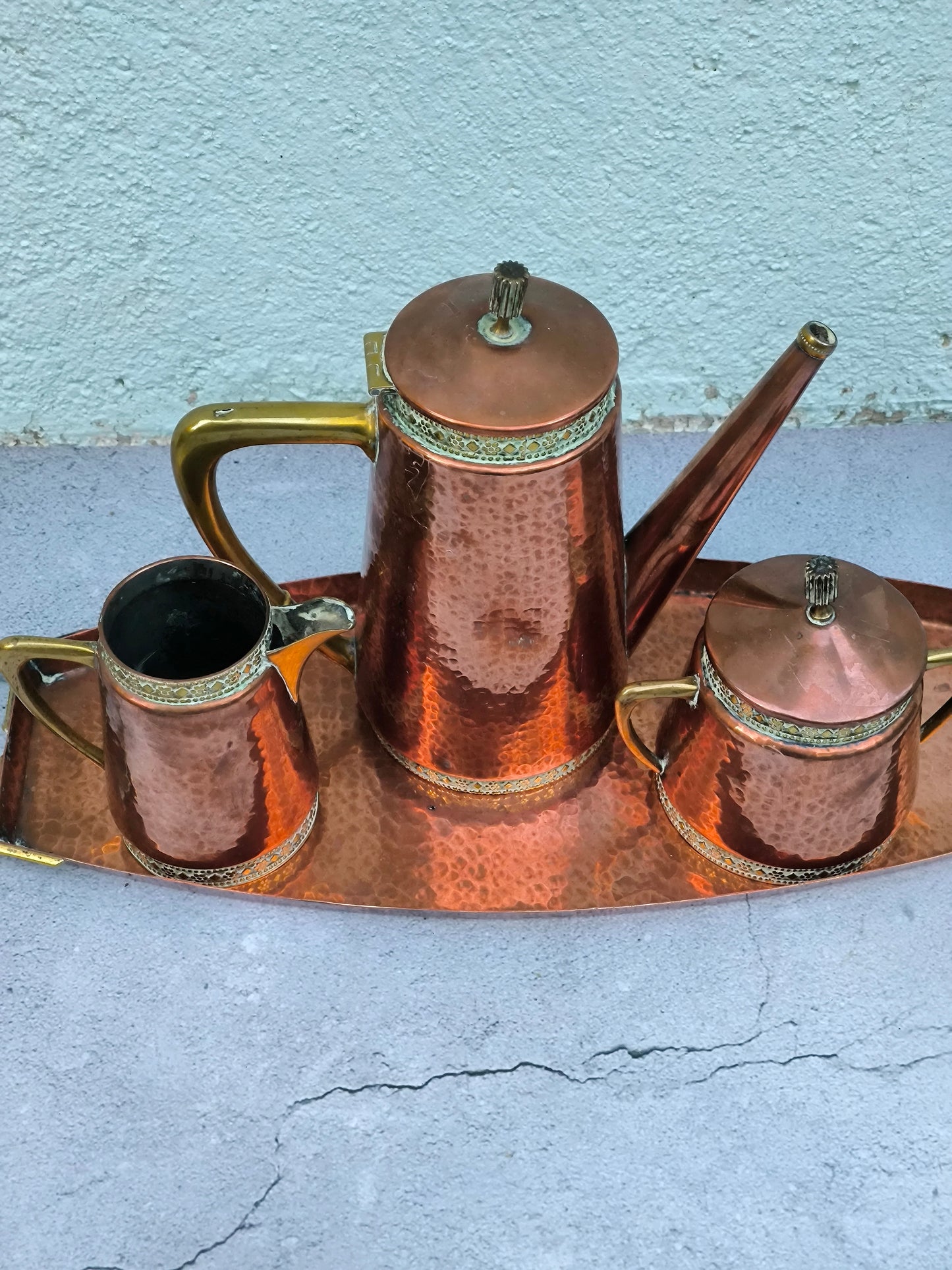 Vintage Copper & Brass Coffee / Tea Set with Tray, Mid Century Copperware, Decorative Copper Serving Set