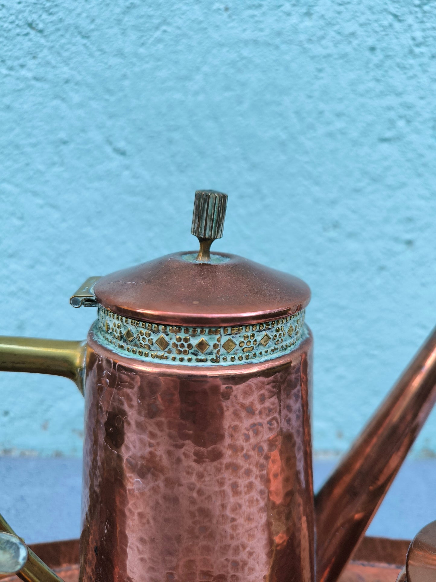 Vintage Copper & Brass Coffee / Tea Set with Tray, Mid Century Copperware, Decorative Copper Serving Set