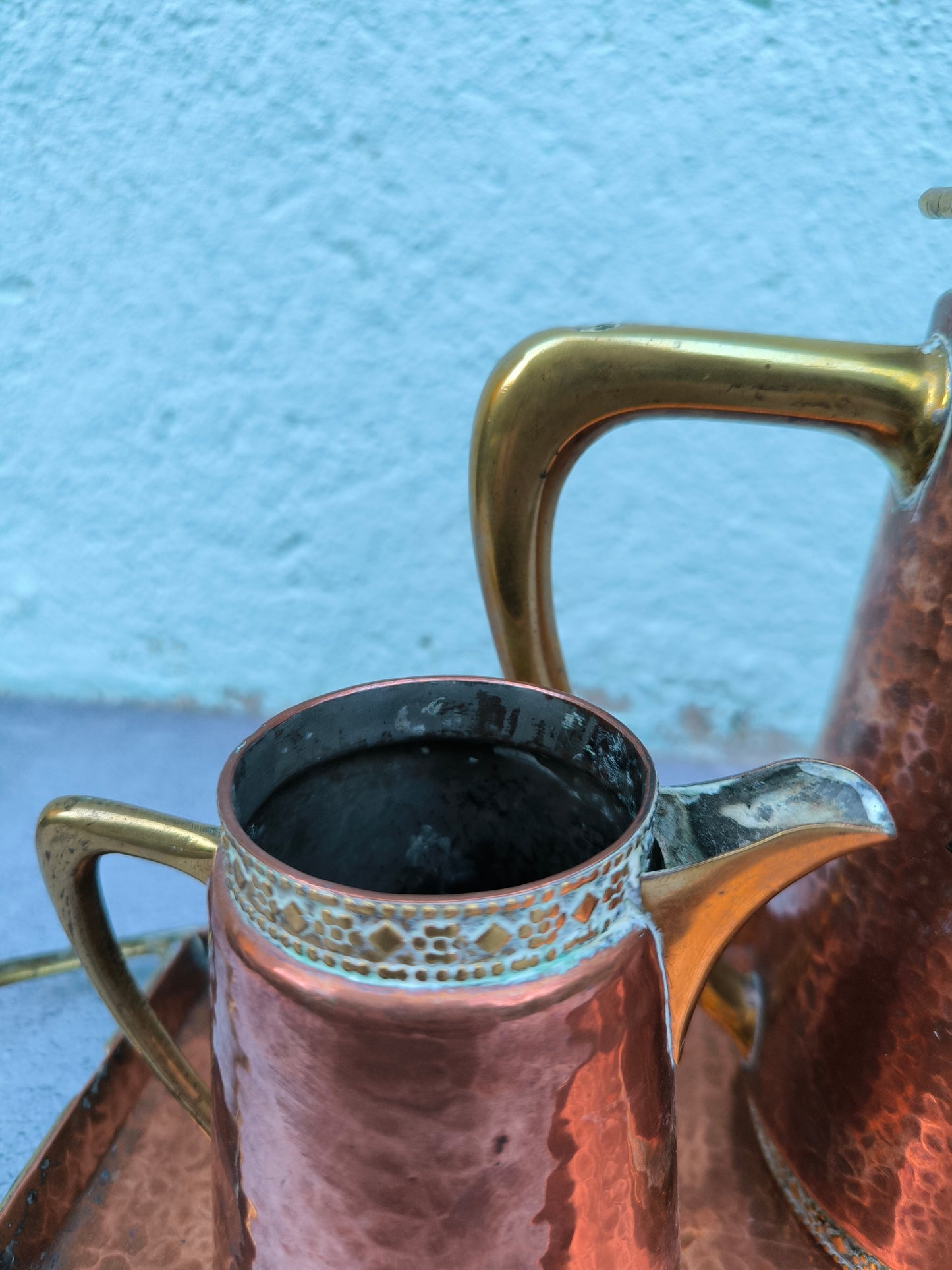 Vintage Copper & Brass Coffee / Tea Set with Tray, Mid Century Copperware, Decorative Copper Serving Set