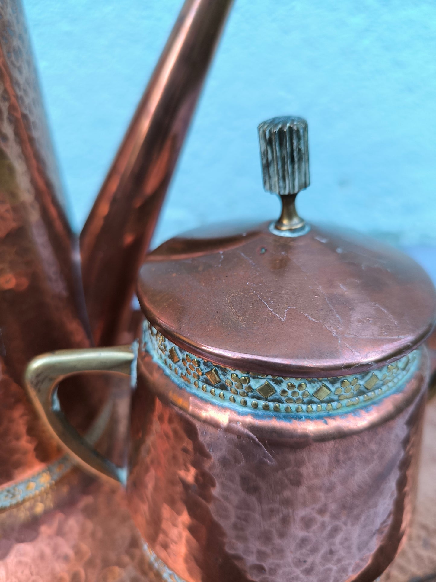 Vintage Copper & Brass Coffee / Tea Set with Tray, Mid Century Copperware, Decorative Copper Serving Set