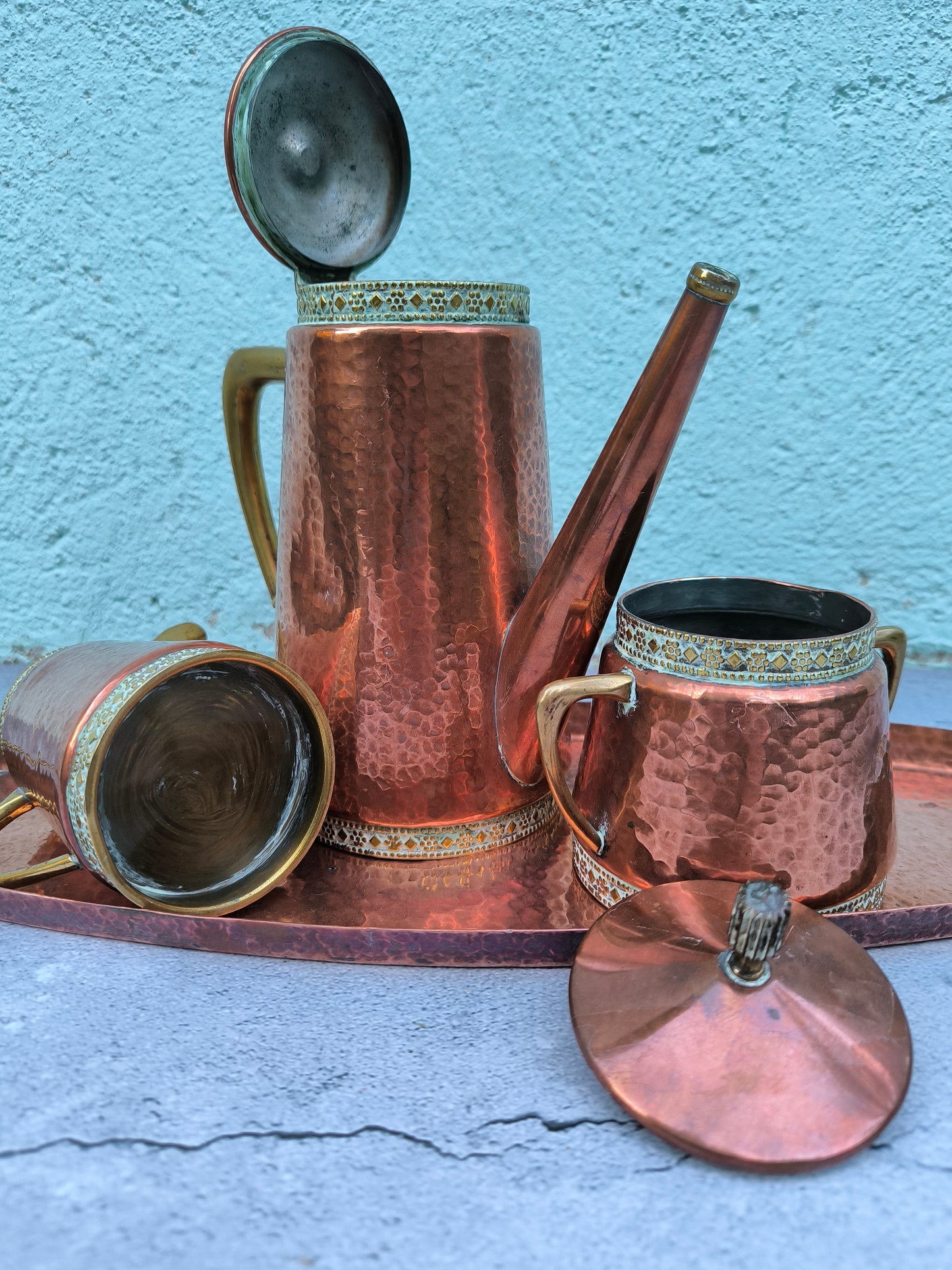 Vintage Copper & Brass Coffee / Tea Set with Tray, Mid Century Copperware, Decorative Copper Serving Set