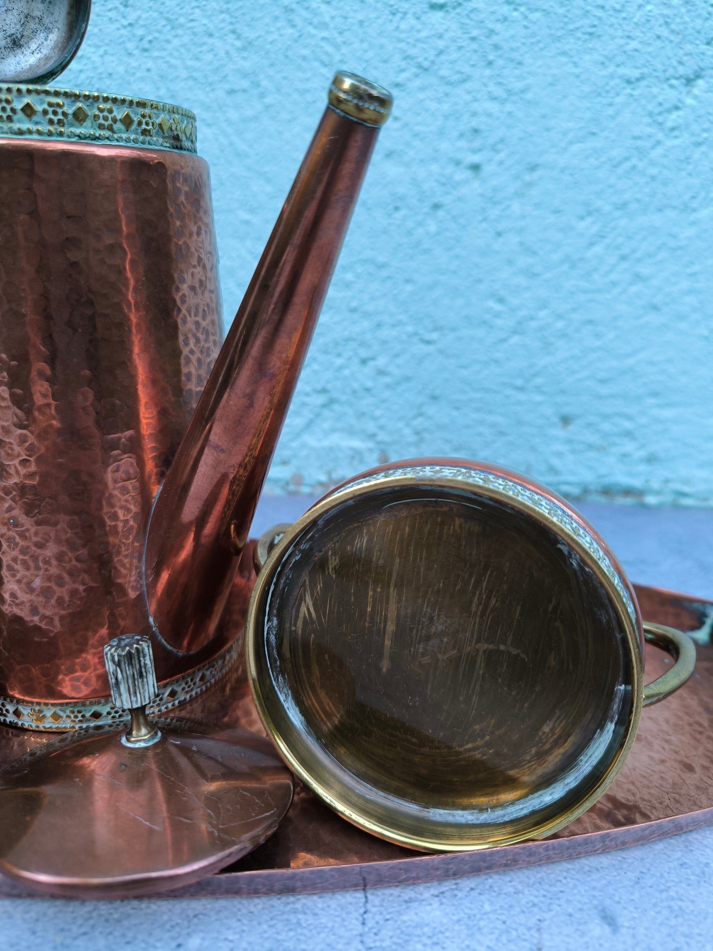Vintage Copper & Brass Coffee / Tea Set with Tray, Mid Century Copperware, Decorative Copper Serving Set