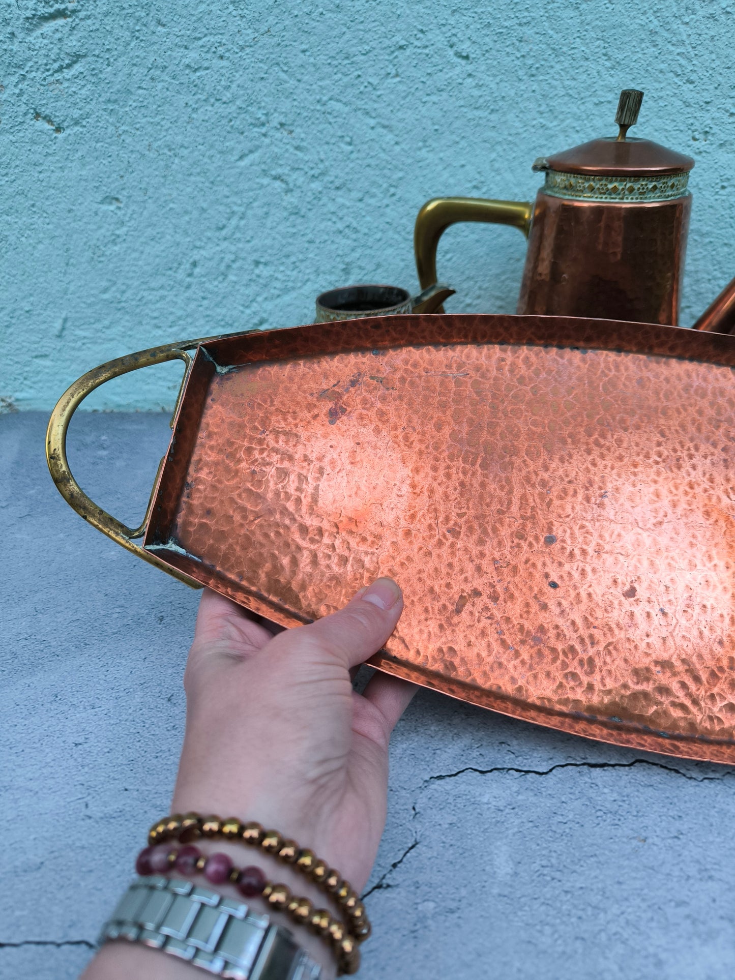 Vintage Copper & Brass Coffee / Tea Set with Tray, Mid Century Copperware, Decorative Copper Serving Set