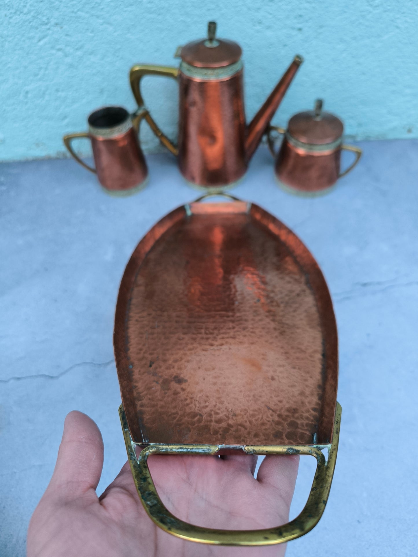 Vintage Copper & Brass Coffee / Tea Set with Tray, Mid Century Copperware, Decorative Copper Serving Set