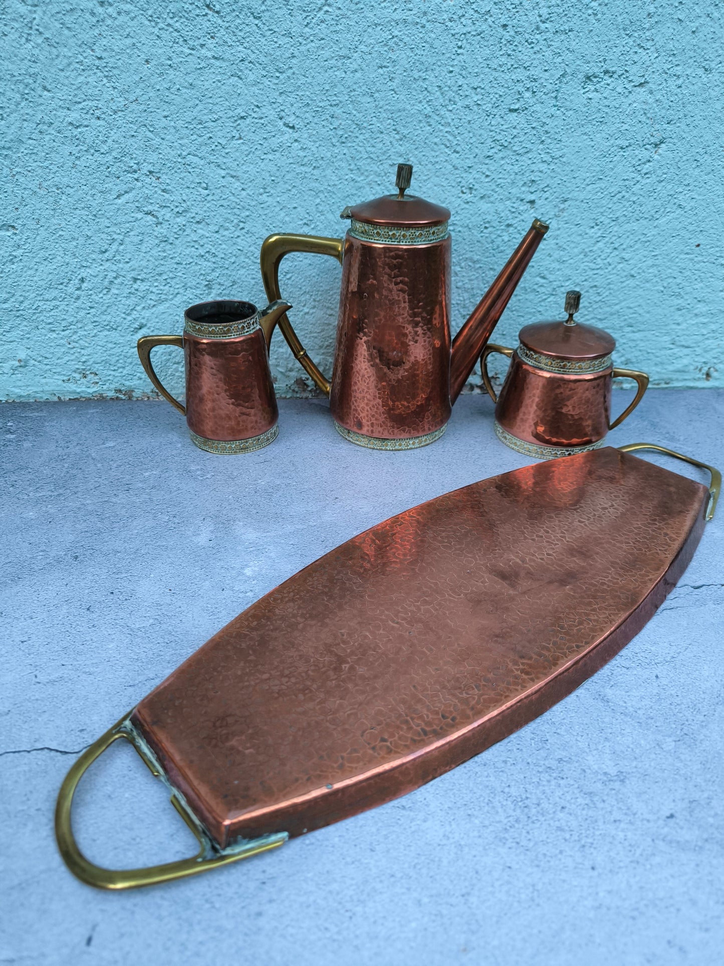 Vintage Copper & Brass Coffee / Tea Set with Tray, Mid Century Copperware, Decorative Copper Serving Set