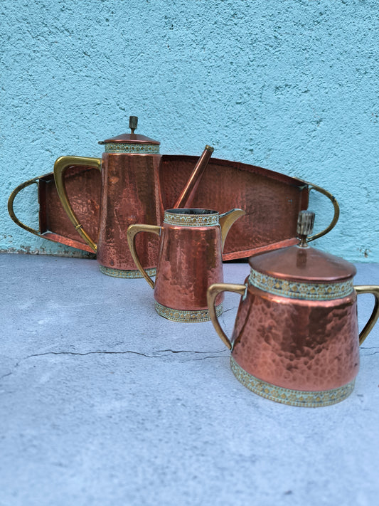 Vintage Copper & Brass Coffee / Tea Set with Tray, Mid Century Copperware, Decorative Copper Serving Set
