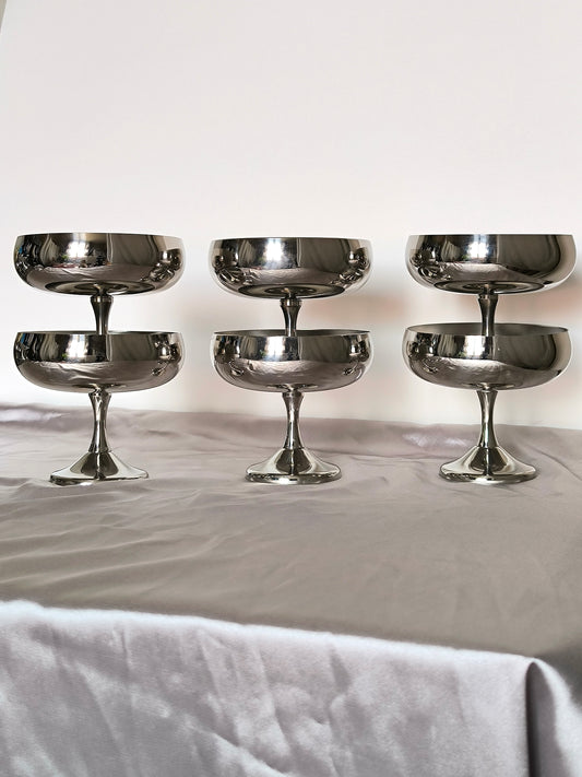 Vintage AMC Ice Cream / Desserts Bowls 1980s Italy, Set of 6, Stainless Steel