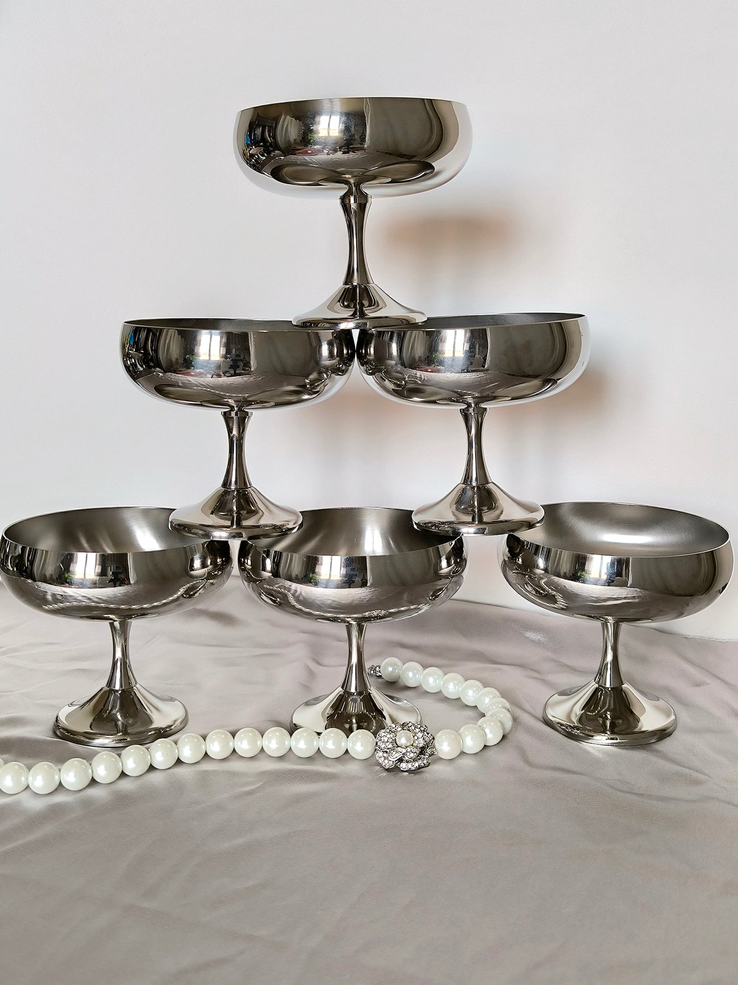 Vintage AMC Ice Cream / Desserts Bowls 1980s Italy, Set of 6, Stainless Steel
