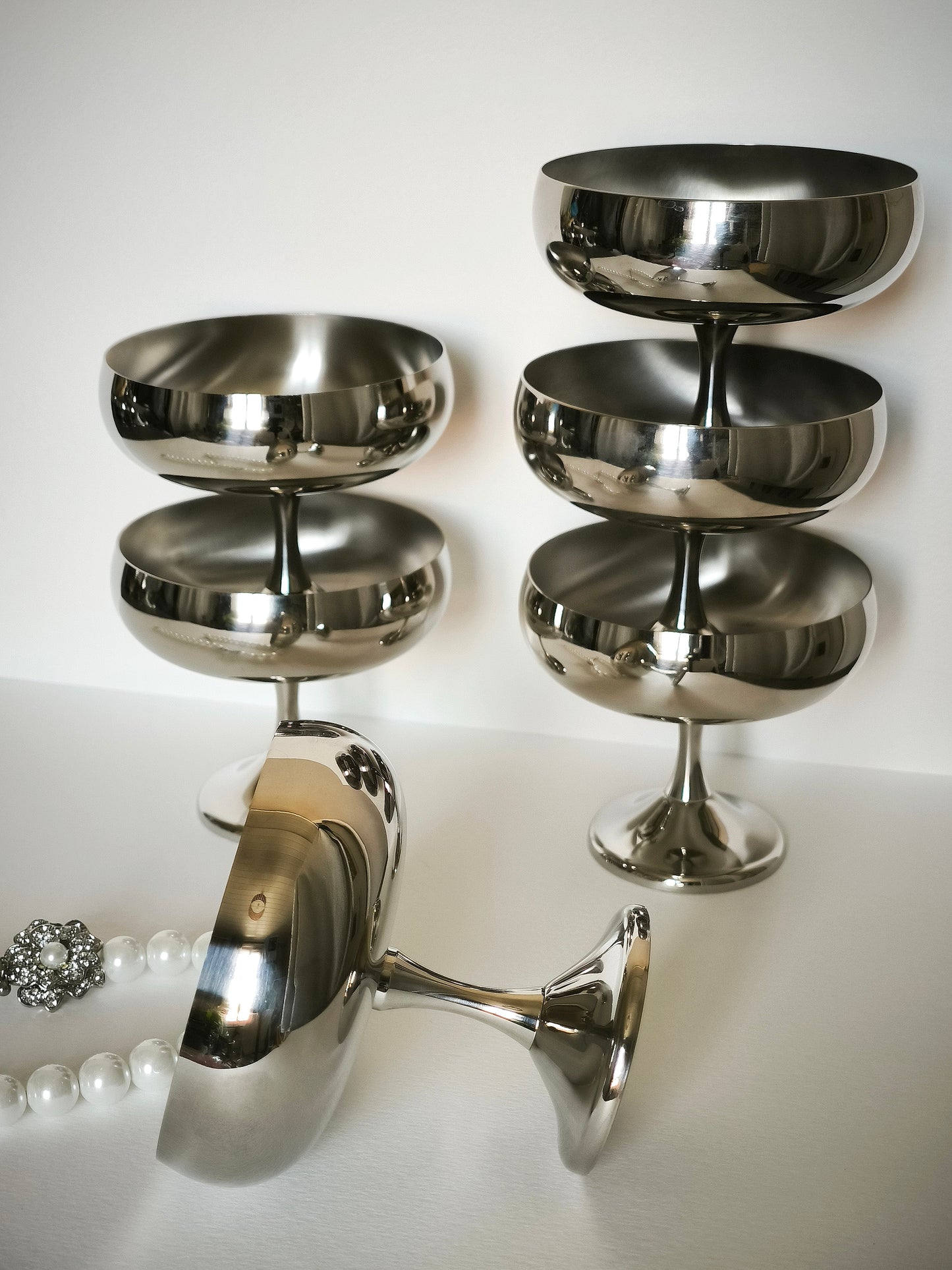 Vintage AMC Ice Cream / Desserts Bowls 1980s Italy, Set of 6, Stainless Steel