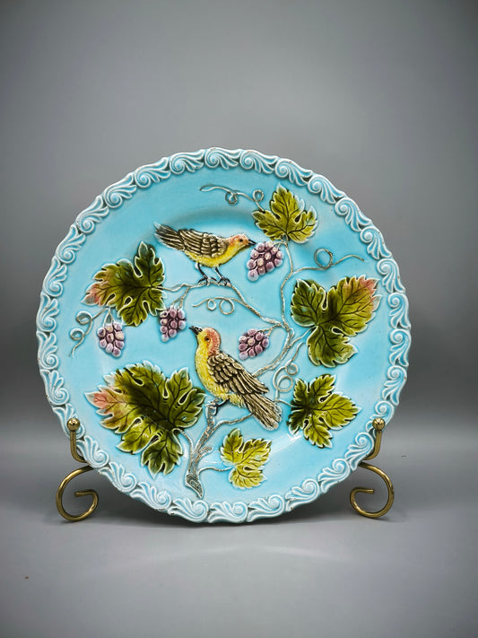 Antique Zell Majolica Plate, Birds & Grapes, Art Nouveau period, Model 230, circa 1900 - 1910s, Collectible
