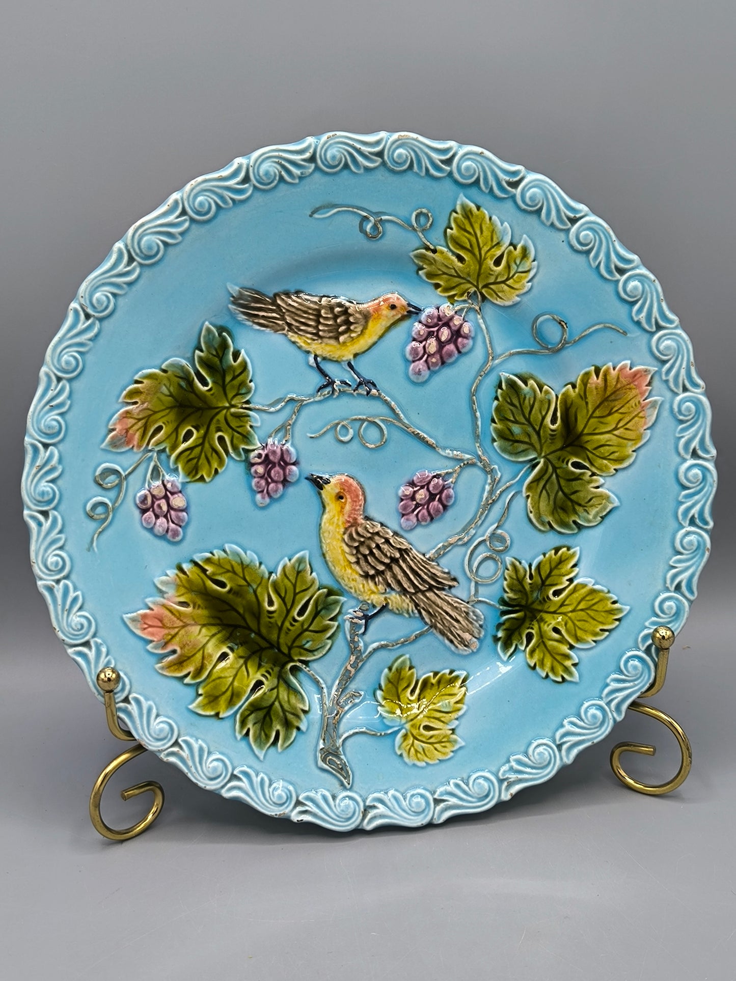 Antique Zell Majolica Plate, Birds & Grapes, Art Nouveau period, Model 230, circa 1900 - 1910s, Collectible