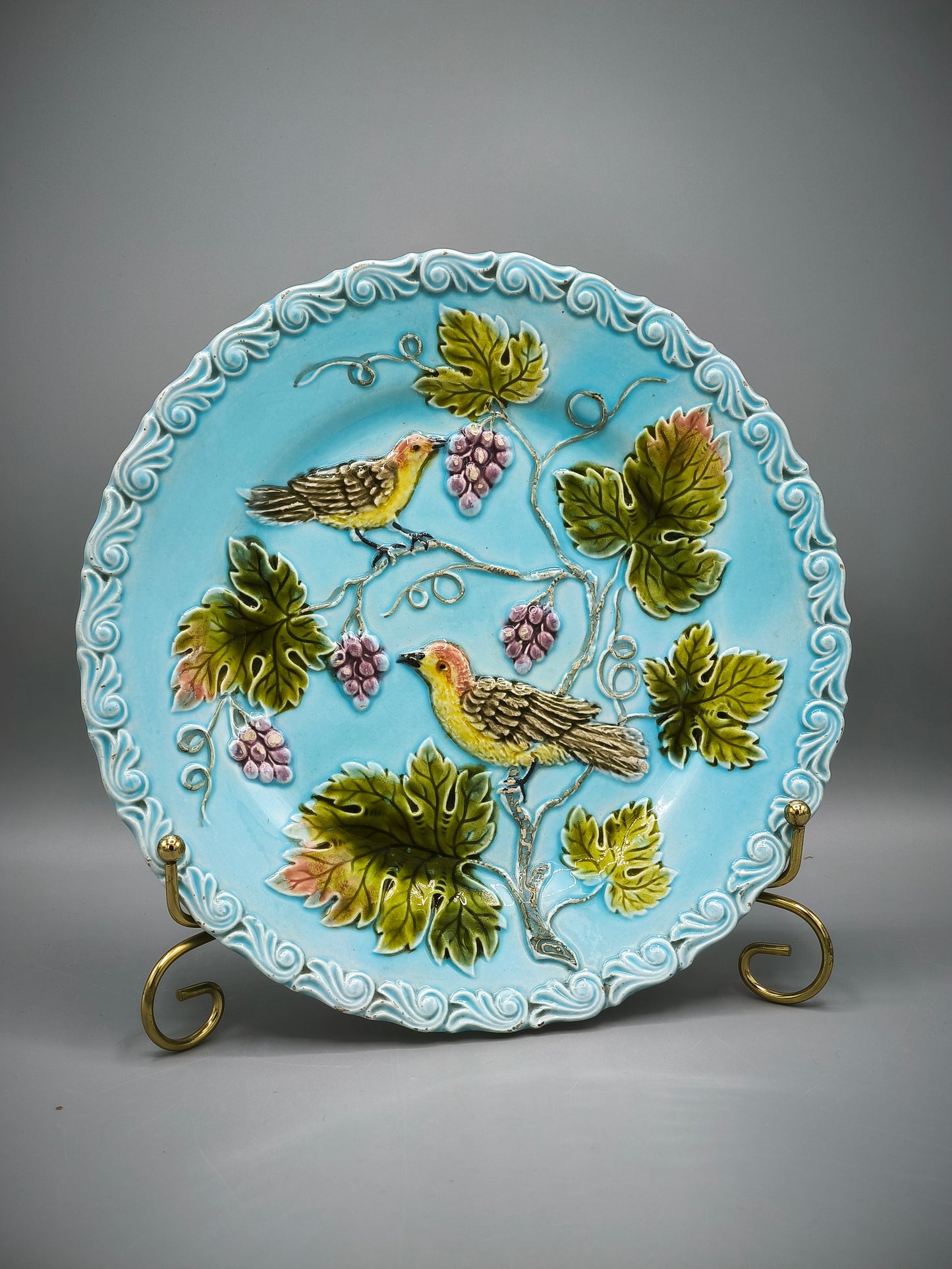 Antique Zell Majolica Plate, Birds & Grapes, Art Nouveau period, Model 230, circa 1900 - 1910s, Collectible