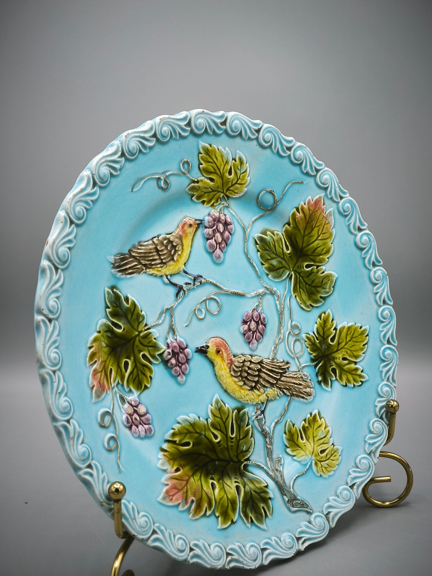 Antique Zell Majolica Plate, Birds & Grapes, Art Nouveau period, Model 230, circa 1900 - 1910s, Collectible