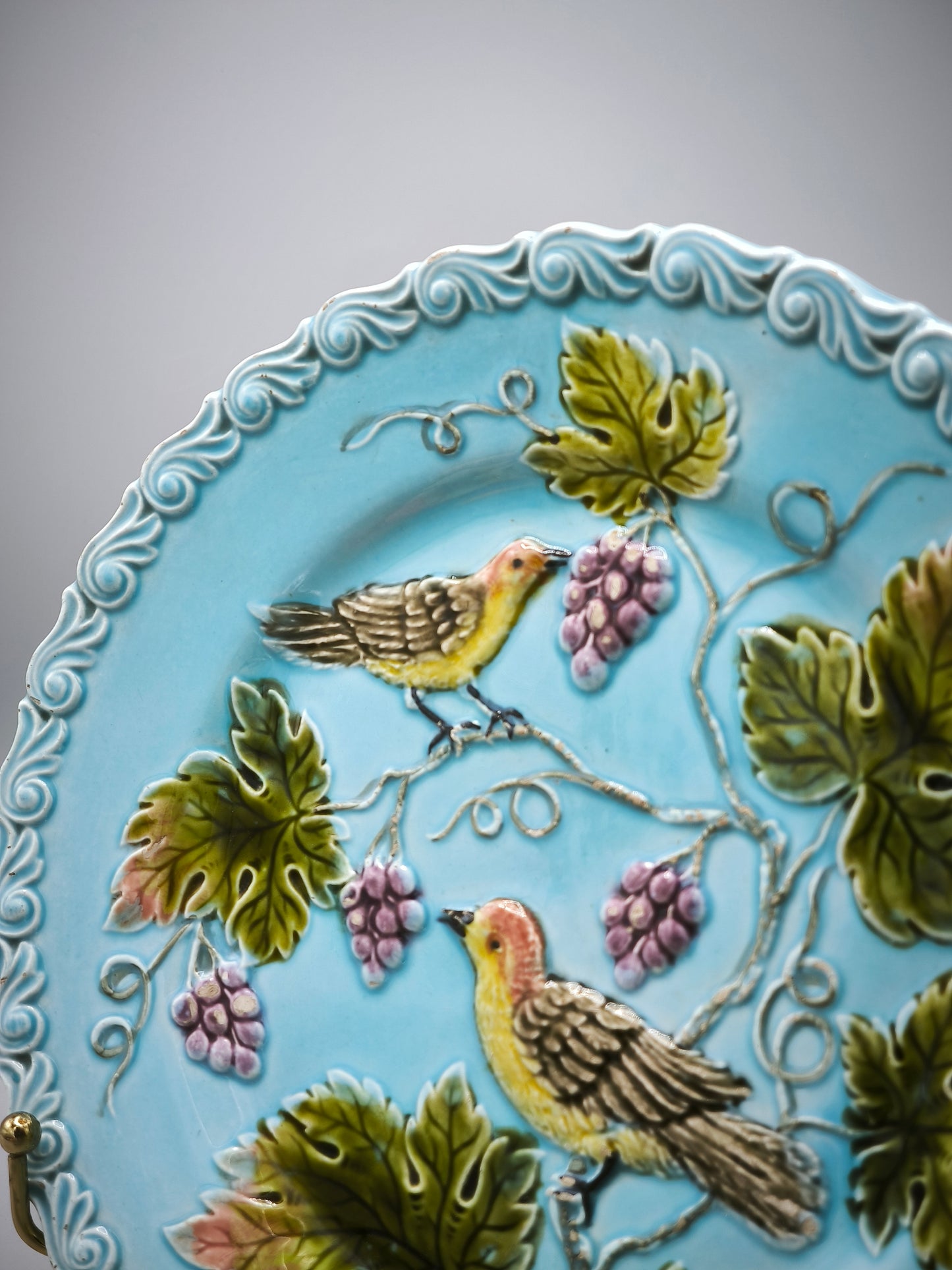 Antique Zell Majolica Plate, Birds & Grapes, Art Nouveau period, Model 230, circa 1900 - 1910s, Collectible