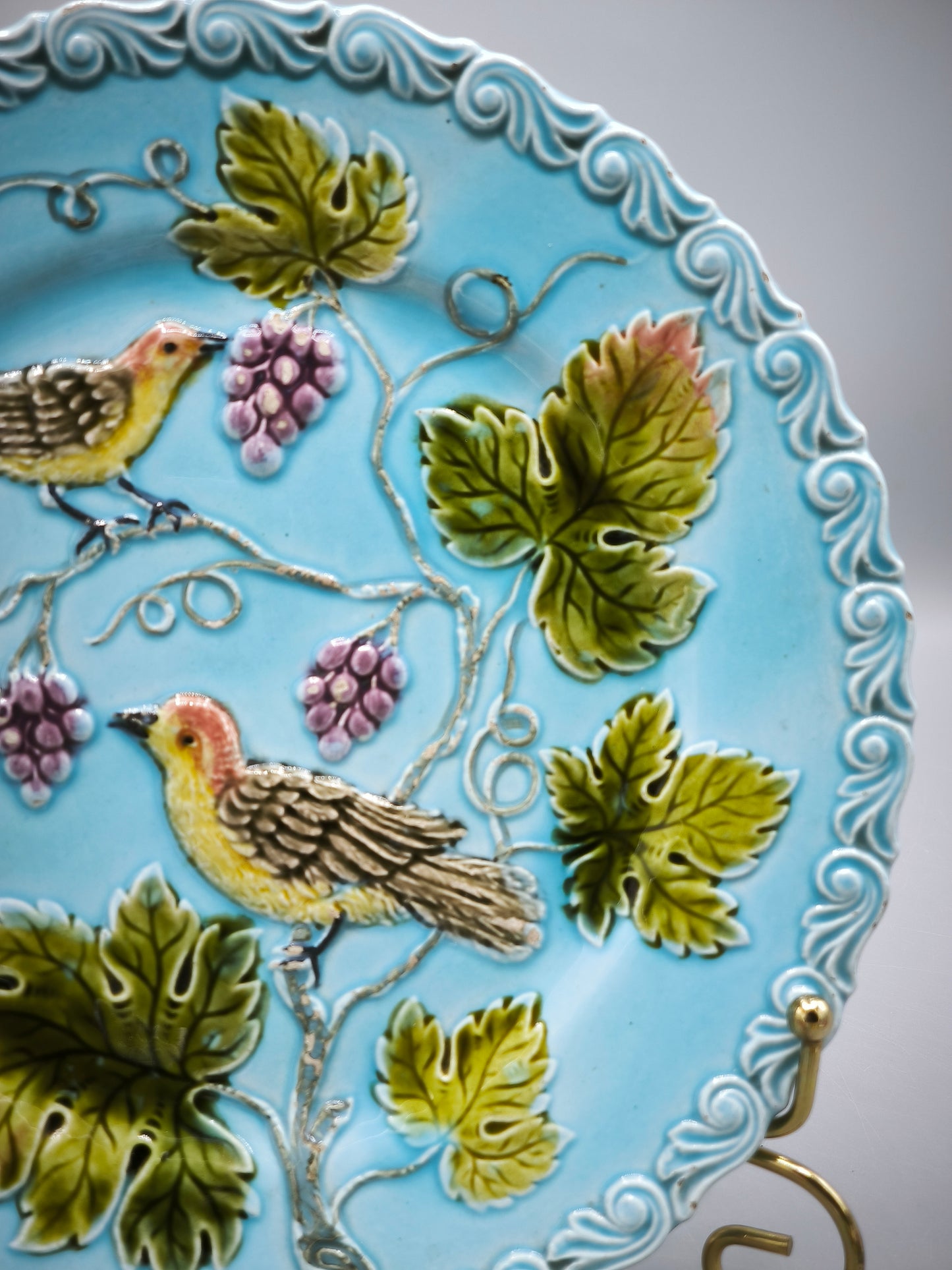 Antique Zell Majolica Plate, Birds & Grapes, Art Nouveau period, Model 230, circa 1900 - 1910s, Collectible