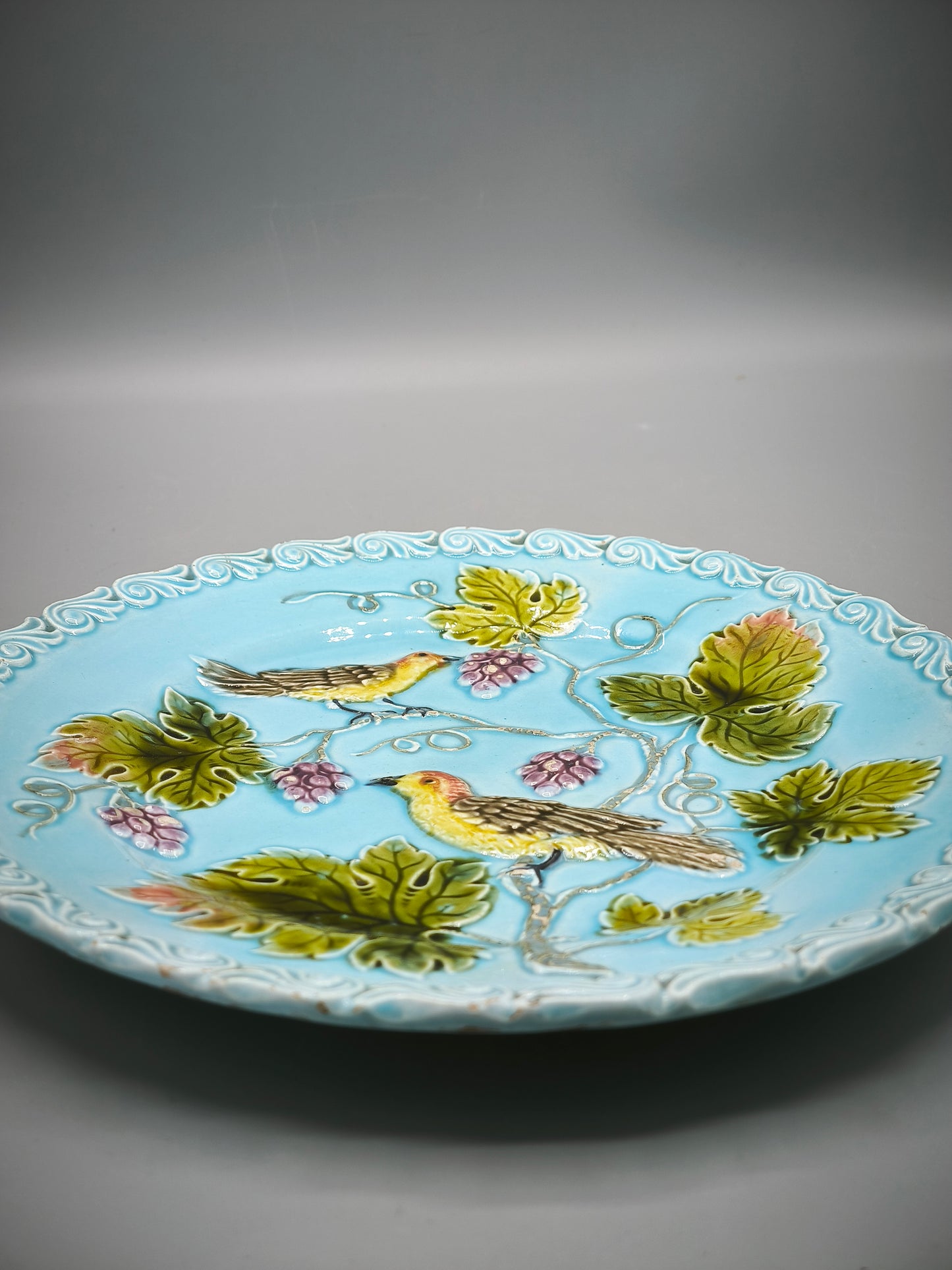 Antique Zell Majolica Plate, Birds & Grapes, Art Nouveau period, Model 230, circa 1900 - 1910s, Collectible