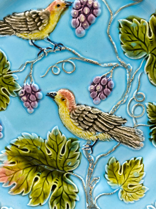 Antique Zell Majolica Plate, Birds & Grapes, Art Nouveau period, Model 230, circa 1900 - 1910s, Collectible
